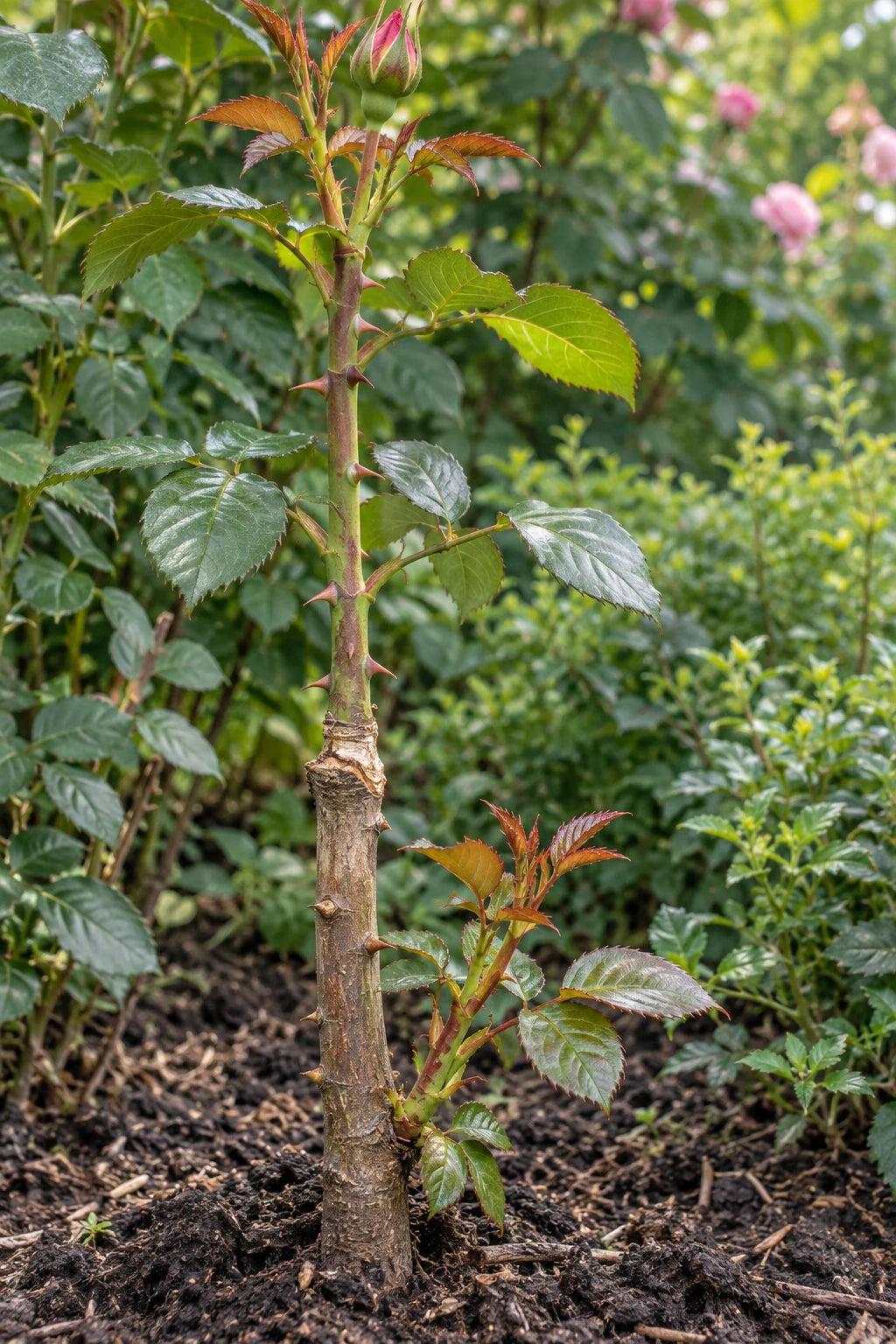 Sharp close view of a rose with selected upper shoot, healed union and lower rootstock sucker